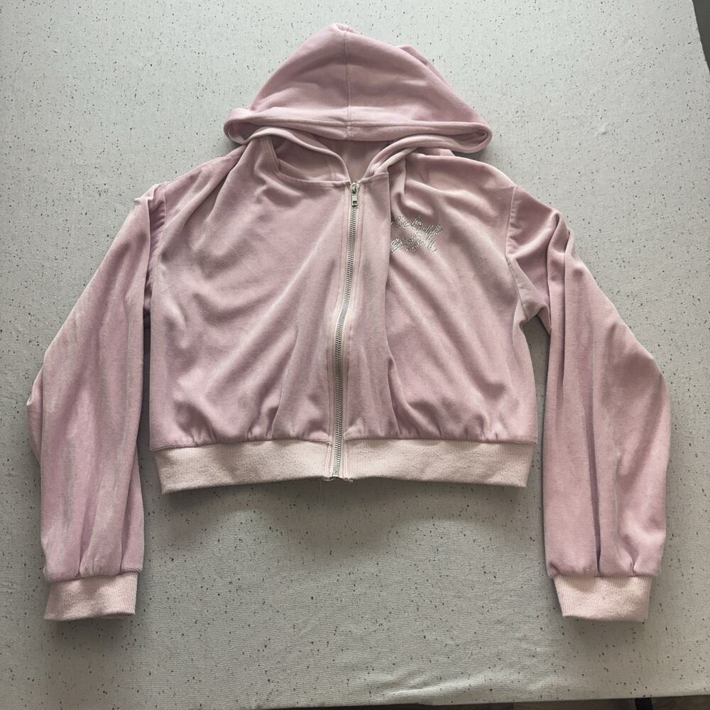 Rue 21 Pink Velvet Crop Hoodie Jacket Bling Rhinestone Graphic Y2K Med
